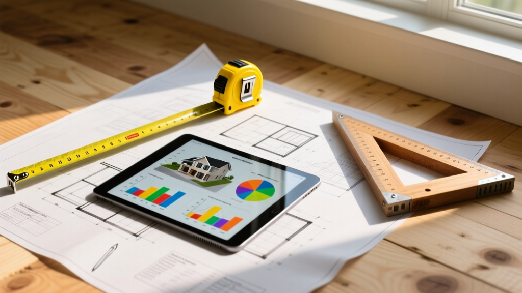Blueprints on a plywood subfloor with a yellow tape measure, framing square, and tablet displaying 3D residential cost estimation charts