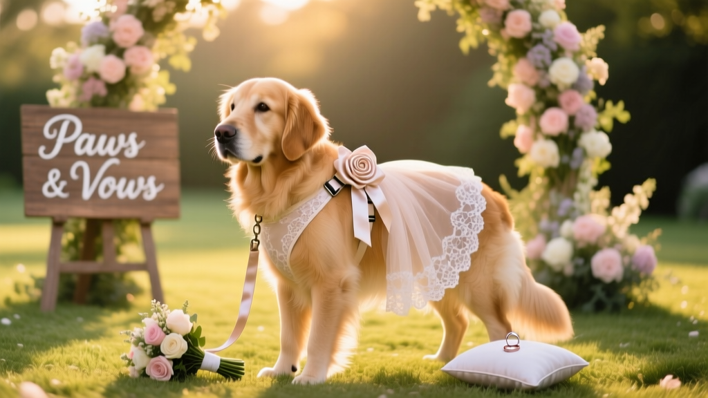 A golden retriever wearing a delicate rosette dress-harness and matching leash, posing gracefully outdoors