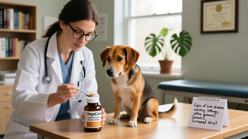 Close-up of a veterinarian preparing a liver support supplement for a dog