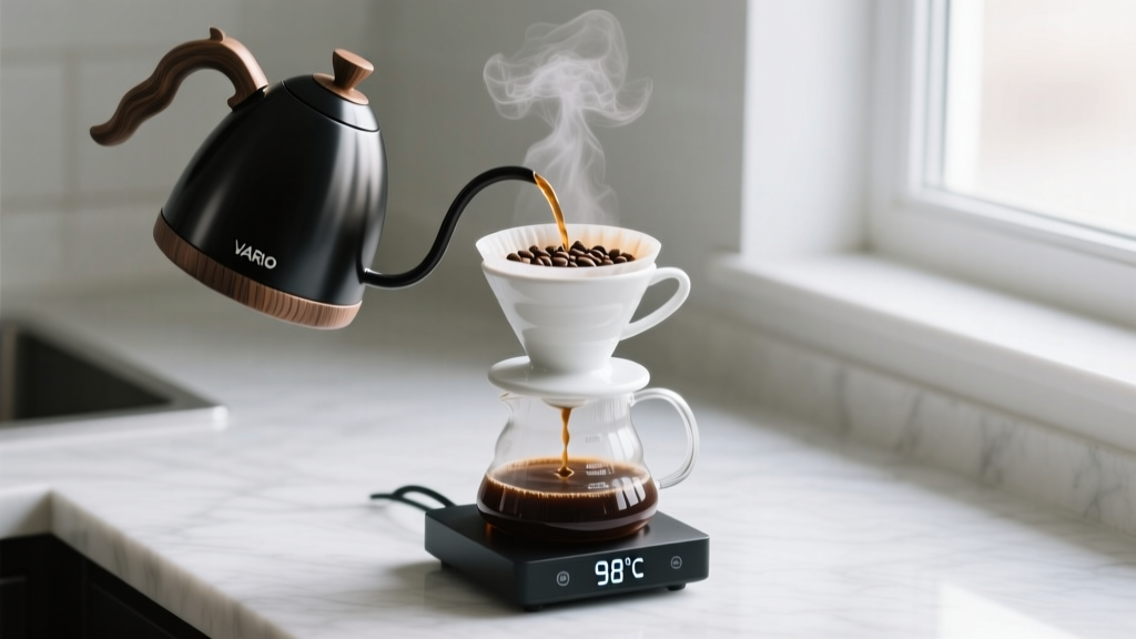 Hario V60 electric gooseneck kettle pouring hot water over coffee grounds in a ceramic dripper with digital display visible