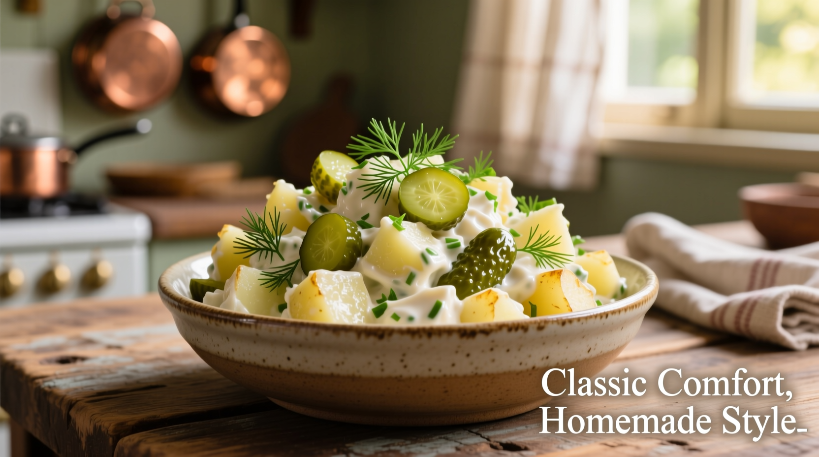 Creamy potato salad with dill pickle chunks visible