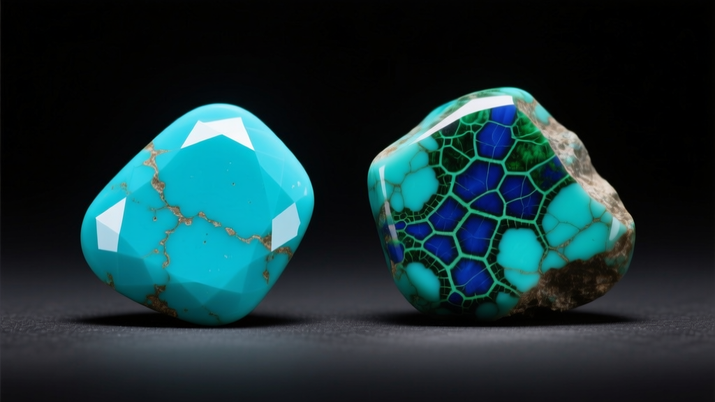Macro comparison of pure blue Sleeping Beauty turquoise next to heavily webbed Kingman turquoise under bright studio lighting