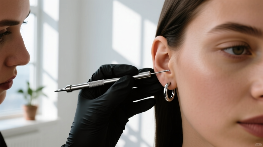 Piercer in black gloves using a steel taper to extract an embedded earring from a client's ear cartilage under a bright ring light.