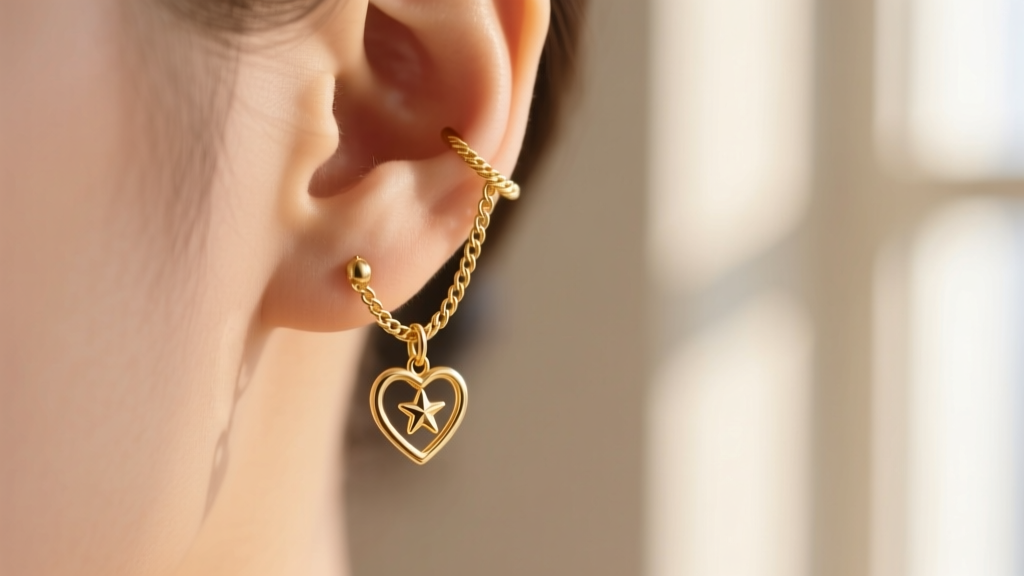 A macro shot of 14k gold chain heart earrings linking lobe and helix piercings, featuring a delicate cable chain and small charm.