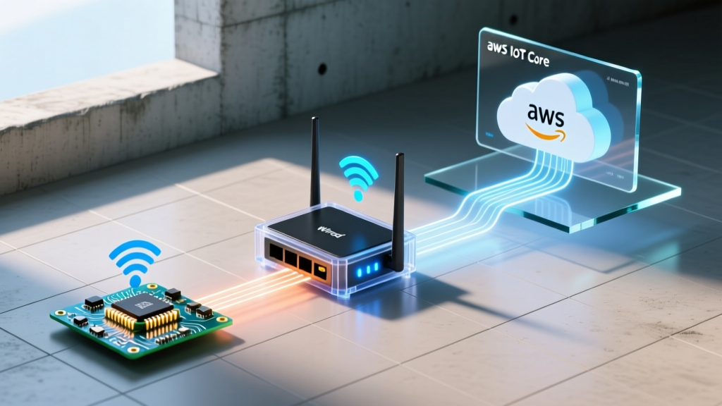 Block diagram illustrating the data flow from an Arduino sensor node through a Wi-Fi router to an AWS IoT Core cloud dashboard