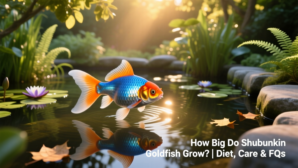 A vibrant blue-and-orange shubunkin goldfish swimming gracefully in a well-planted outdoor pond