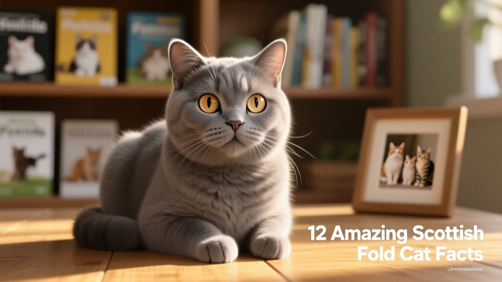 A close-up portrait of a gray Scottish Fold cat sitting calmly, highlighting its folded ears and large, round eyes