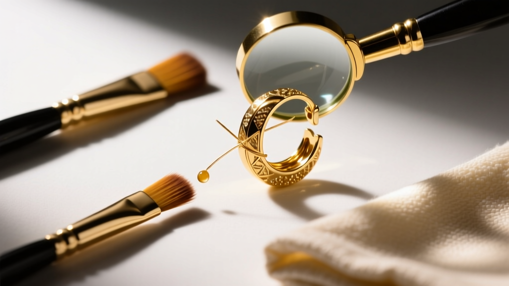 Loupe inspecting threads of a stripped 18k gold earring back, alongside small jewelry brushes and a folded microfiber cloth.