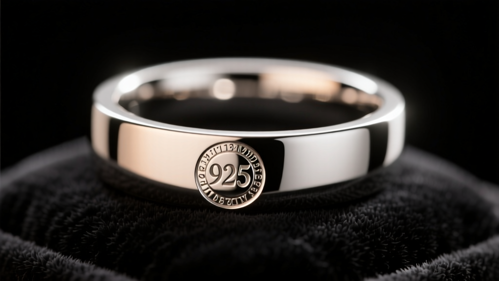 Macro view of a 925 hallmark stamped inside a polished sterling silver ring on black velvet, sharp focus, bright studio lighting.