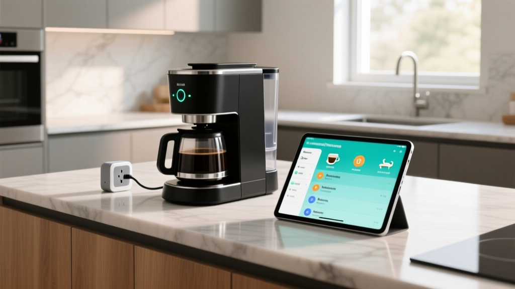 Modern kitchen counter featuring a smart plug connected to a coffee maker and a tablet displaying an automated morning routine schedule
