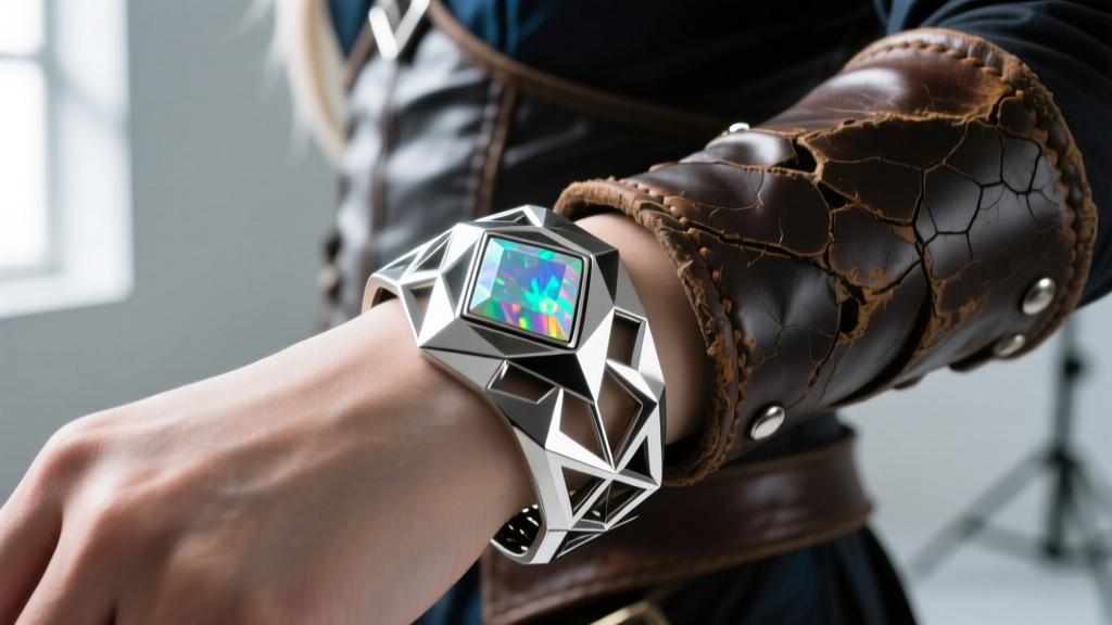 Cosplayer wrist wearing a custom wide silver opal bracelet with geometric, low-poly metalwork resting against a weathered leather bracer.