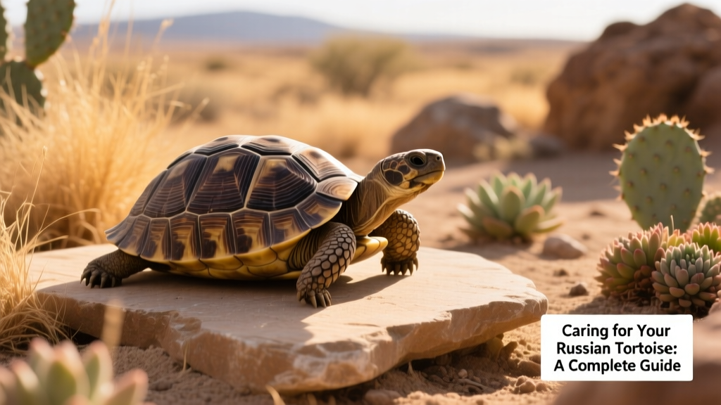 A Russian tortoise basking on a sun-warmed rock in a naturalistic outdoor enclosure with dry grasses and sparse desert vegetation