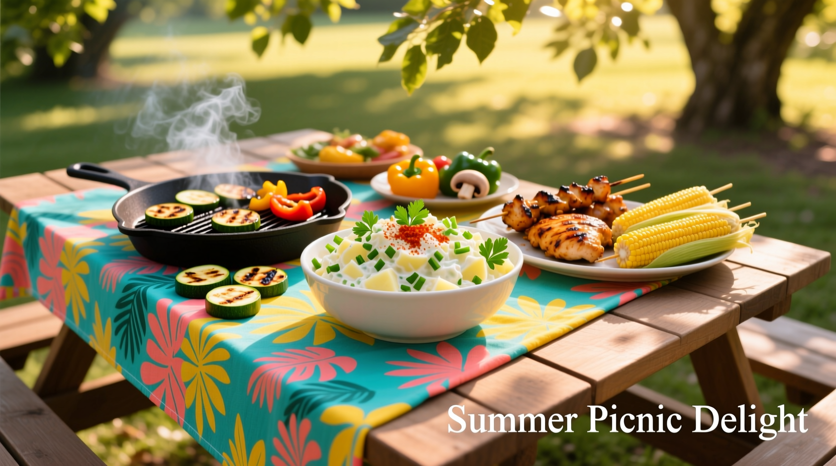 Colorful picnic table with potato salad and grilled foods