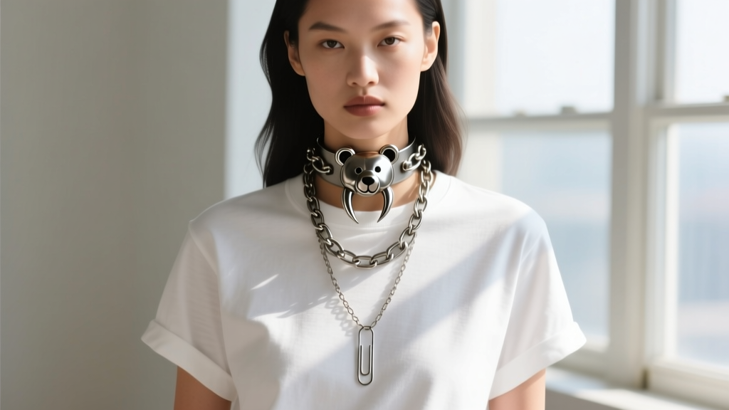 Model wearing a layered Ambush bear trap choker and paperclip chain over a white heavyweight cotton t-shirt in daylight.