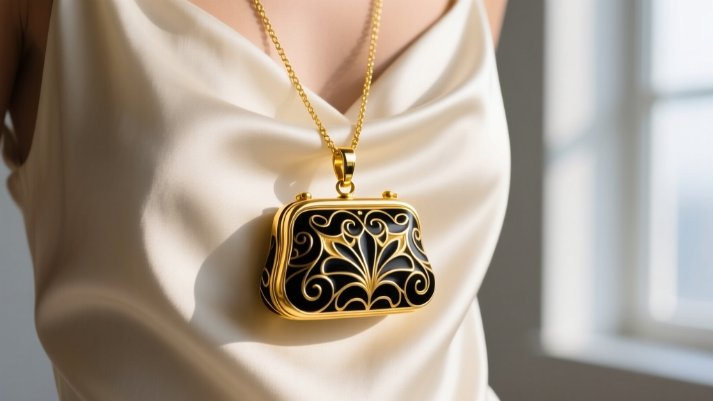 High-fashion editorial close-up of an 18k yellow gold purse necklace pendant with black enamel on a silk slip dress
