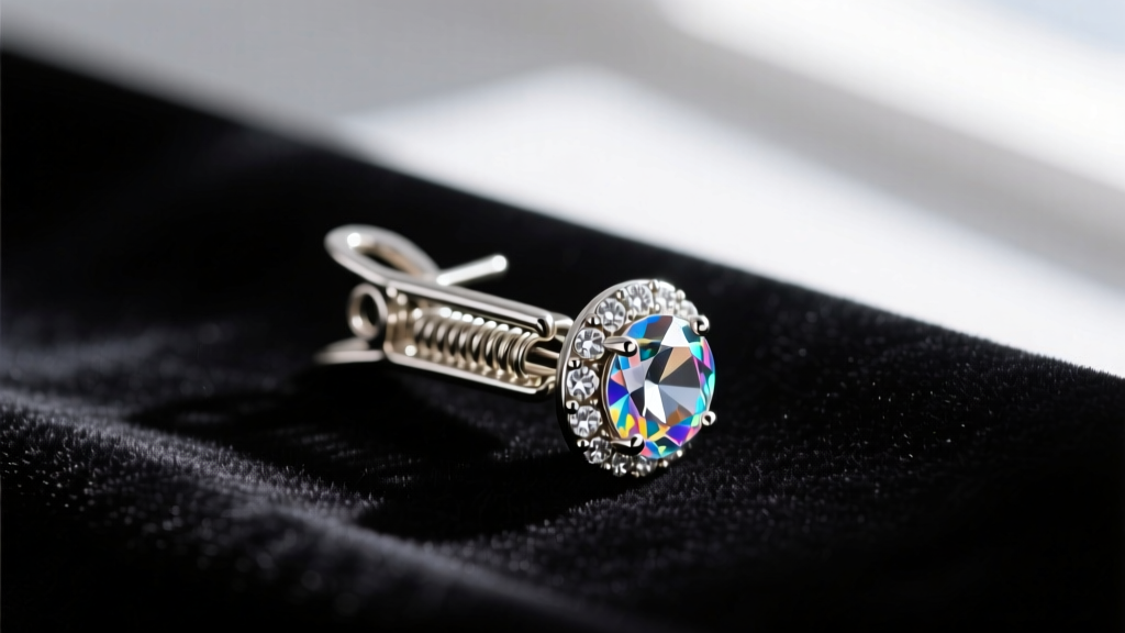Close-up of a vintage-style rhinestone clip-on earring resting on dark velvet, highlighting the metal tension clip mechanism.