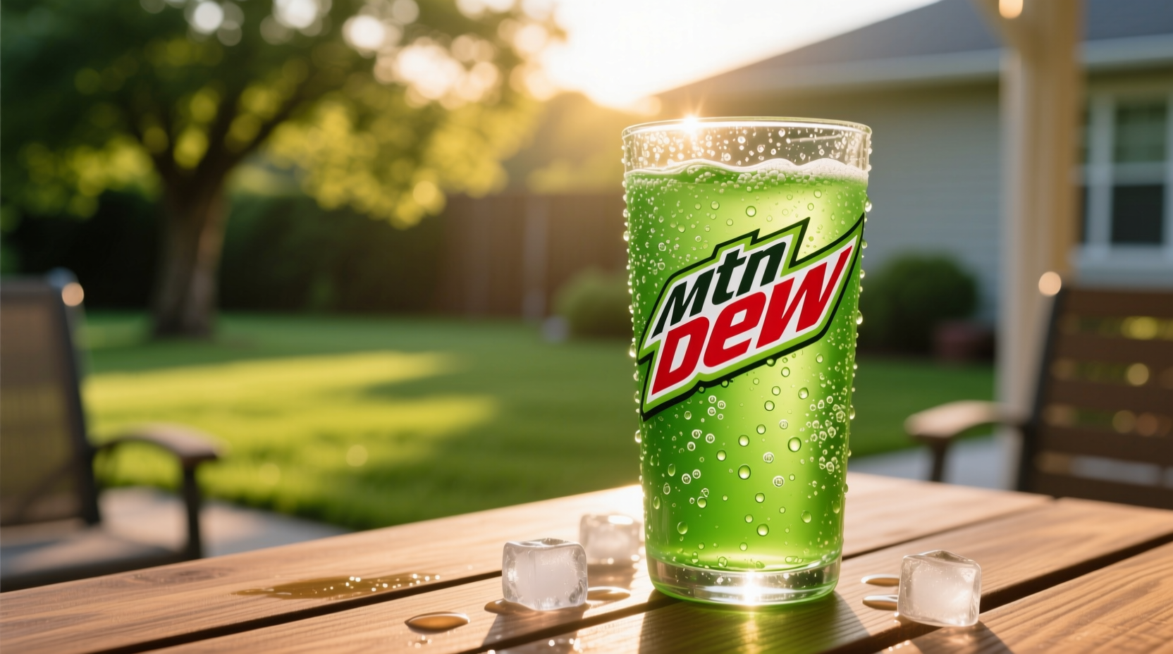 Glass of MTN DEW with condensation on summer day