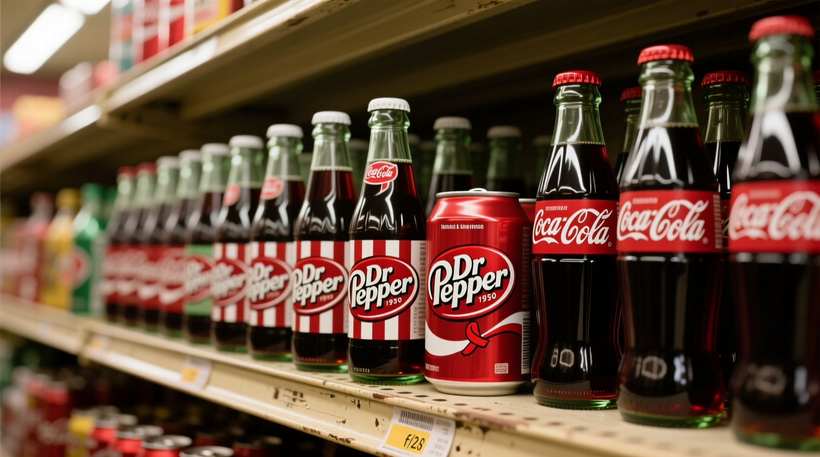 Dr Pepper bottles next to Coca-Cola products showing separate branding