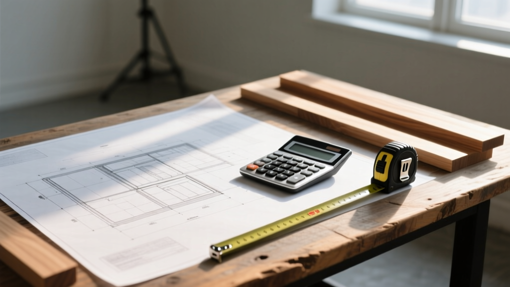Blueprints on a wooden desk beside a calculator, tape measure, and modern wood framing materials illuminated by bright natural sunlight