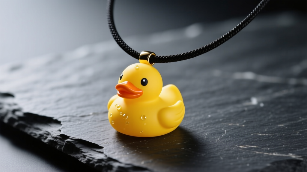 Bright yellow silicone rubber duck necklace on a black cord, resting on dark slate under soft studio lighting in sharp macro focus