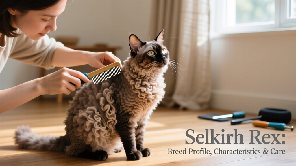A grooming session showing a person carefully combing a Selkirk Rex’s curly coat with a wide-toothed comb