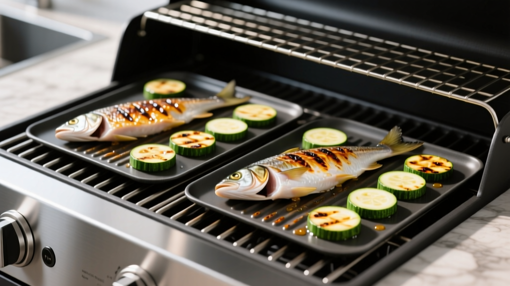 A pair of heavy-duty non-stick BBQ grill mats covering the wire grates of a gas grill, holding delicate fish fillets and sliced zucchini without sticking.