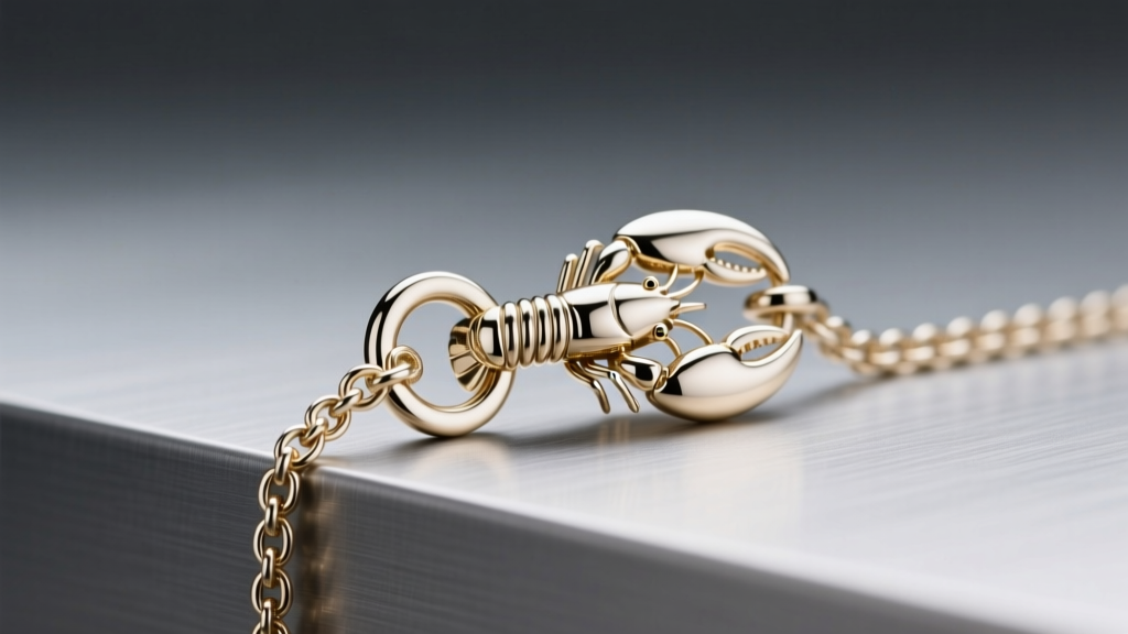 Macro shot of a 14k white gold lobster clasp on an 18-inch box chain, highlighting the spring mechanism and soldered jump ring