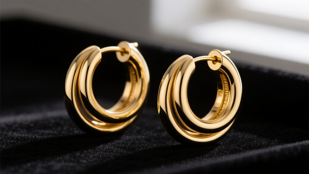 14k solid gold triple hoop earrings on dark velvet, showing three interlocking concentric circles in soft studio lighting