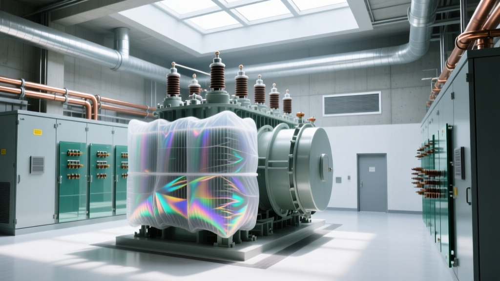 Commercial switchgear room with high-voltage transformers wrapped in aerogel thermal blankets and rigid mica dielectric boards