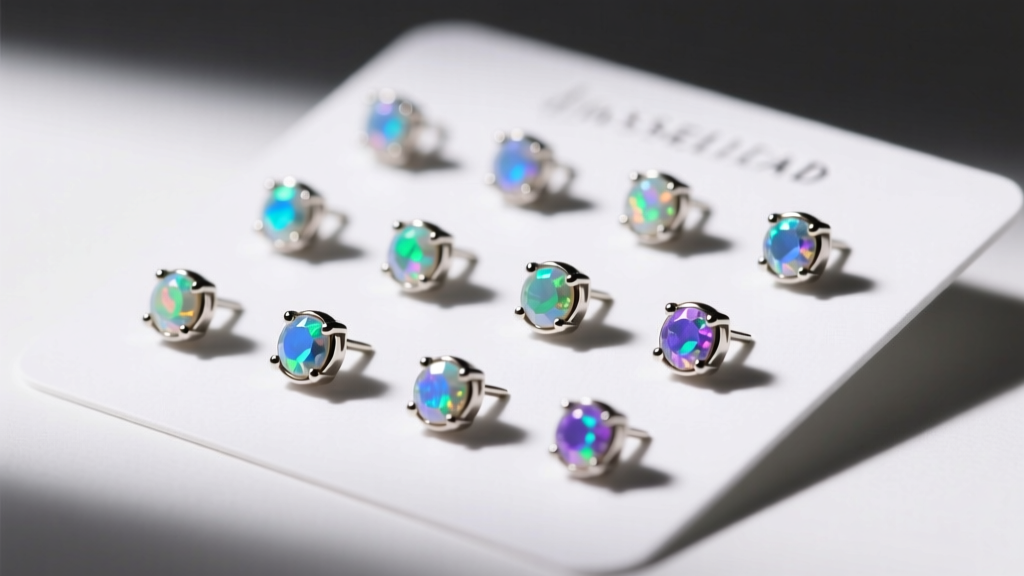 Close-up of a display card showing 16-gauge titanium flat-back studs with opal inlays designed for upper ear cartilage piercings.