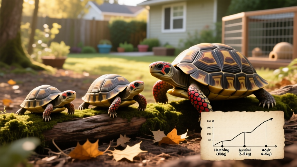 Side-by-side comparison showing hatchling, juvenile, and adult red-footed tortoises to illustrate proportional growth