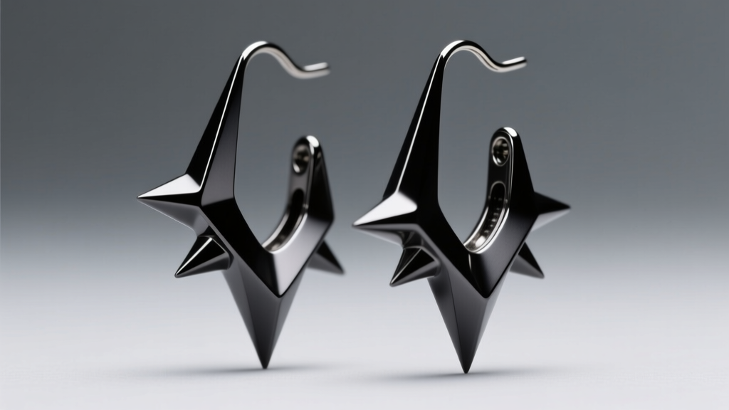 Macro shot of matte black titanium spike dangle earrings, soft studio light highlighting sharp edges on a neutral grey backdrop.
