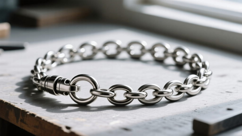 Close-up of a sturdy lobster clasp and thick jump rings connecting three strands of a titanium layered necklace on a workbench.