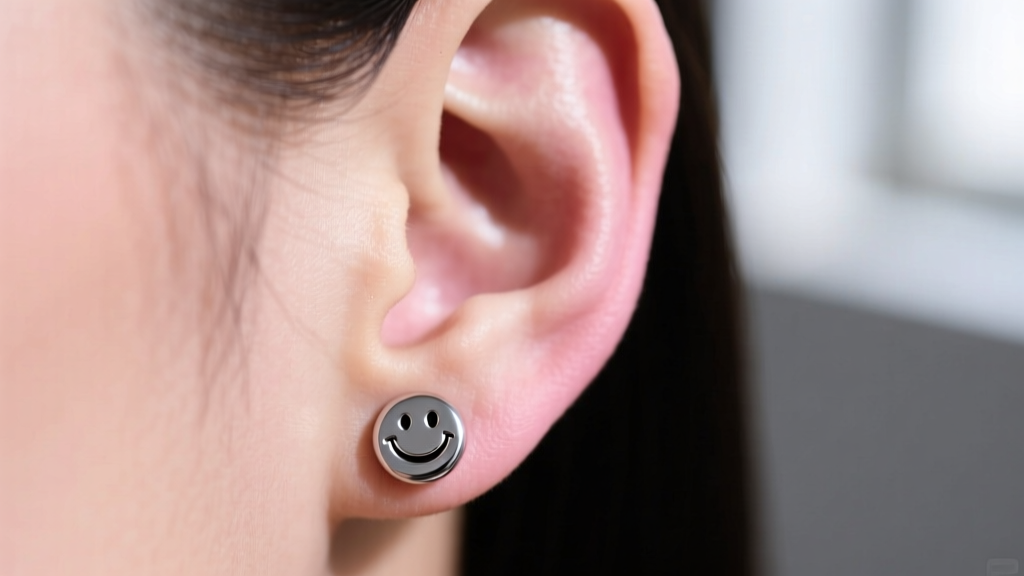 Close-up of an earlobe wearing an 8mm titanium smiley huggie earring sitting flush against the skin without any backward rotation.