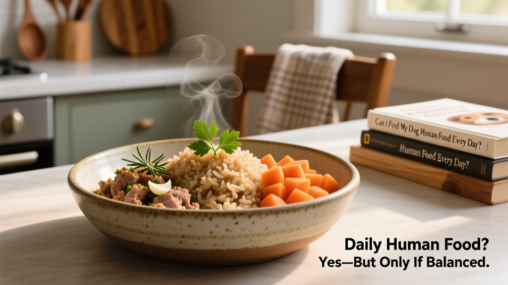 A balanced homemade meal for a dog: lean ground turkey, brown rice, and steamed carrots on a ceramic bowl