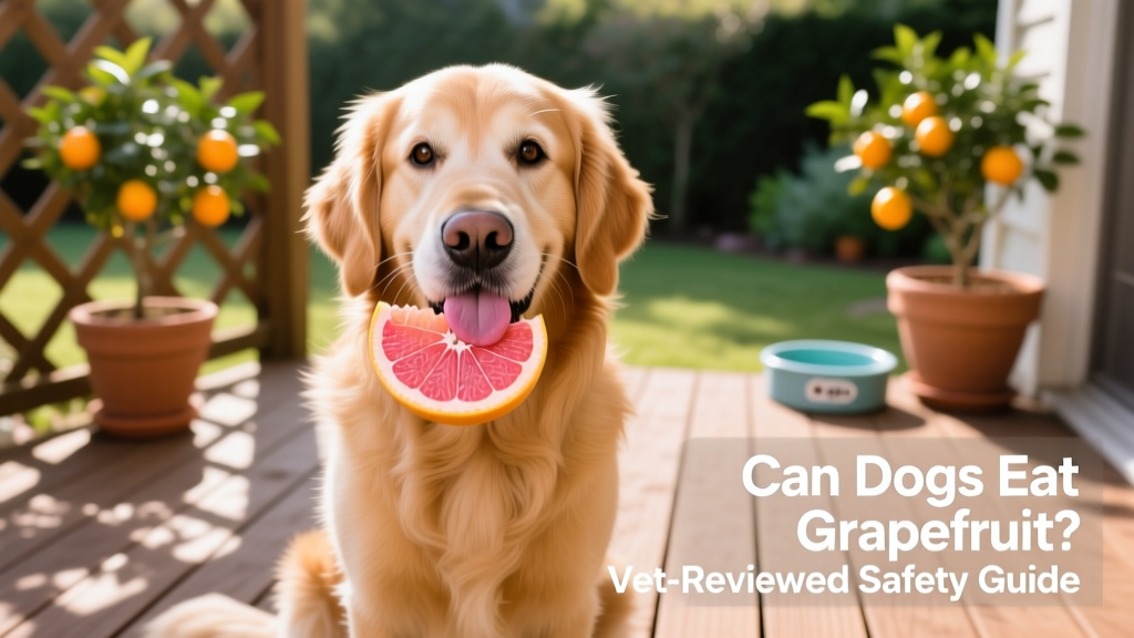 A happy, healthy dog enjoying a safe, vet-approved fruit treat on a sunny patio