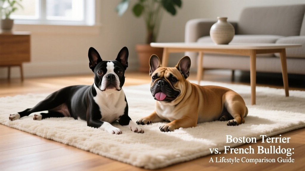 A Boston Terrier and a French Bulldog resting side by side on a cozy indoor rug, illustrating their relaxed yet distinct postures