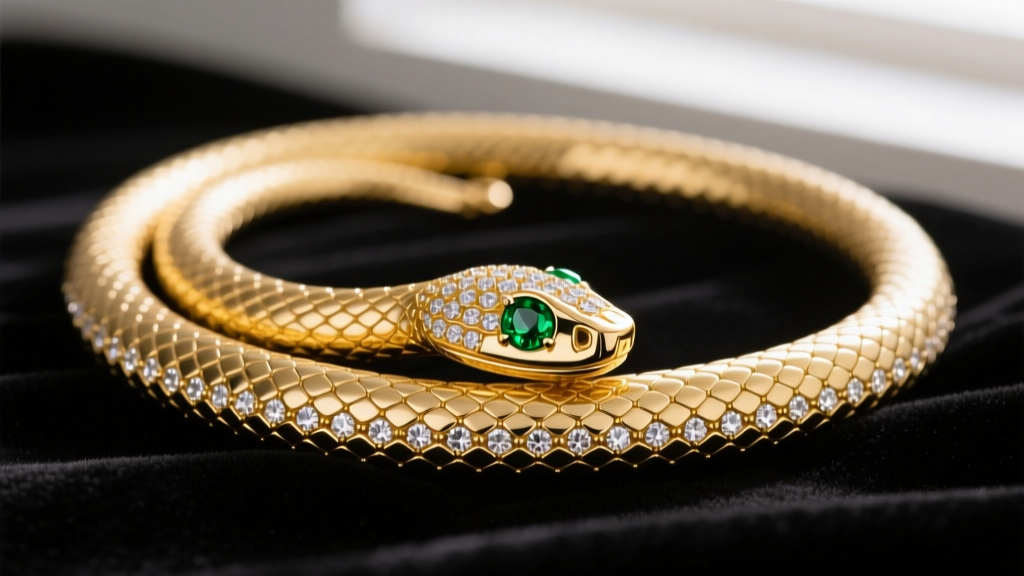 Close-up of an 18k yellow gold coiled snake necklace with pavé diamond scales and emerald cabochon eyes resting on dark velvet