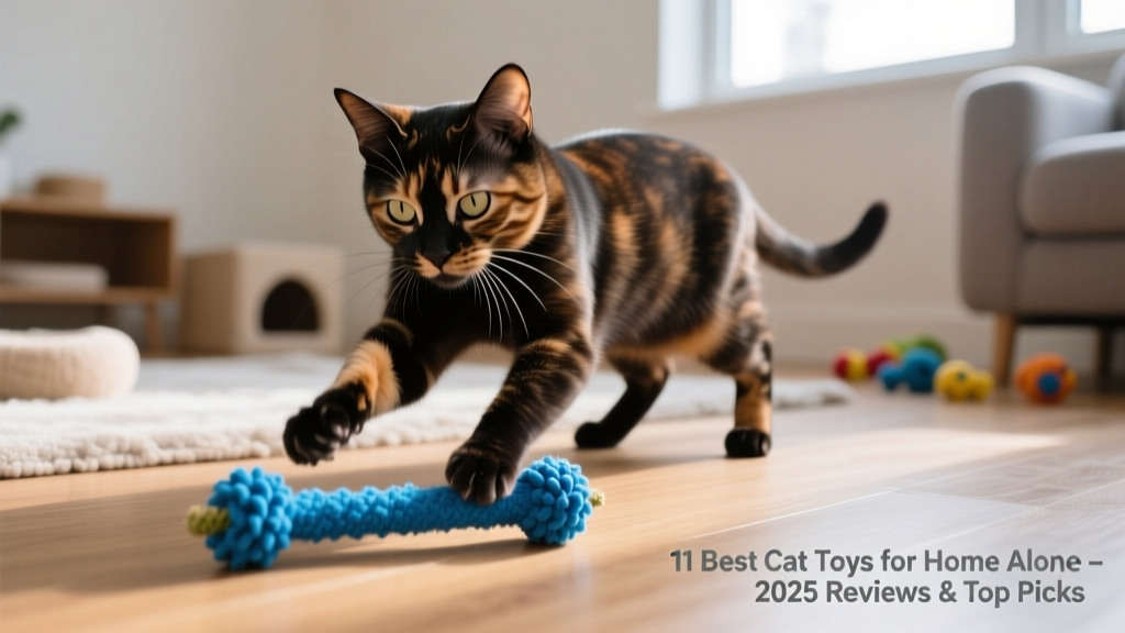 Tortoiseshell domestic shorthair cat batting at a blue catnip stick toy on the floor