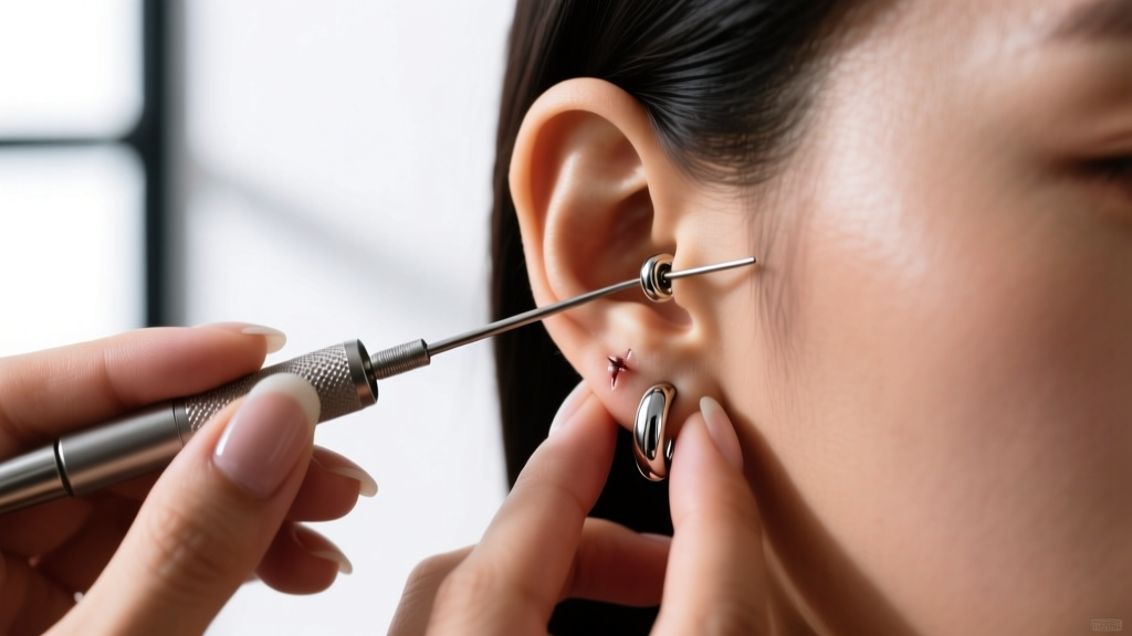 Piercer using a steel insertion taper to stretch a healed cartilage piercing to fit a thicker titanium earring in a bright studio.