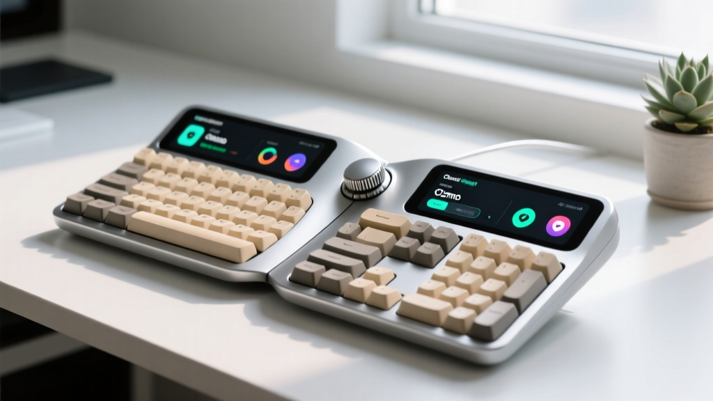 Split ergonomic custom keyboard with rotary encoders and OLED screens configured via the Gizmo Gadget App software