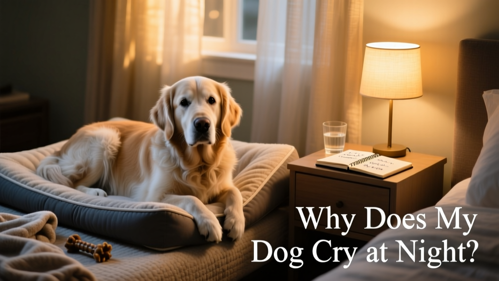 A senior dog resting comfortably on a supportive orthopedic dog bed beside a quiet nightstand