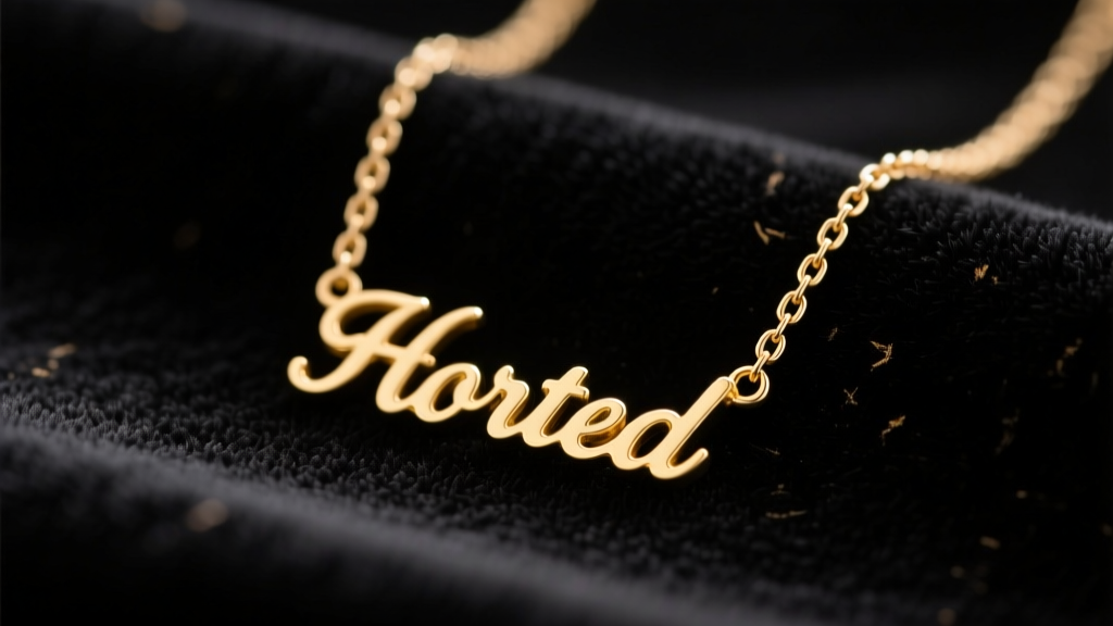 Close-up of a delicate gold vermeil personalized name necklace on dark velvet, showing slight tarnish on the thin chain links.
