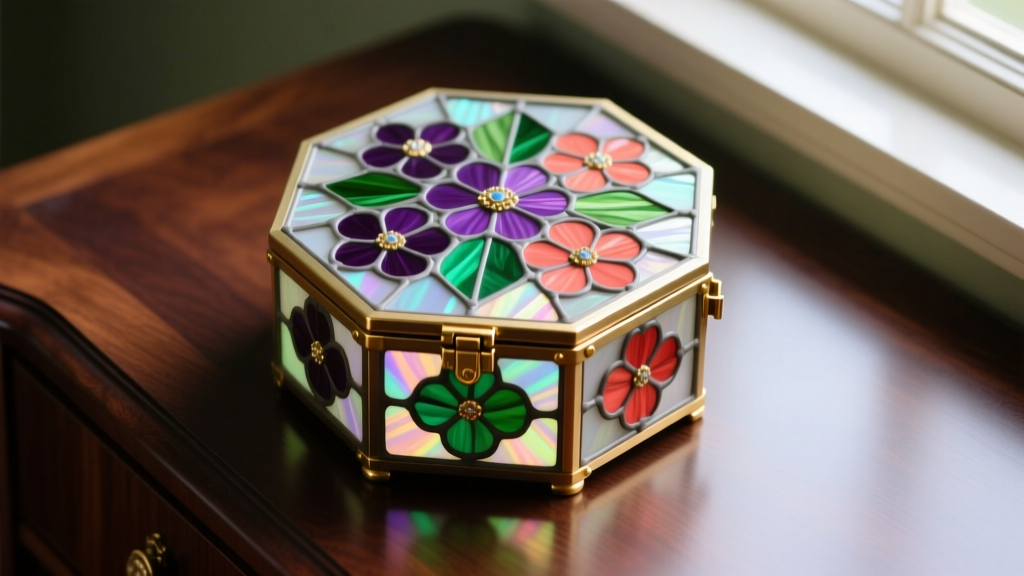 Top view of an octagonal stained glass jewelry box with opalescent floral panels and brass hinges resting on a dark oak vanity top