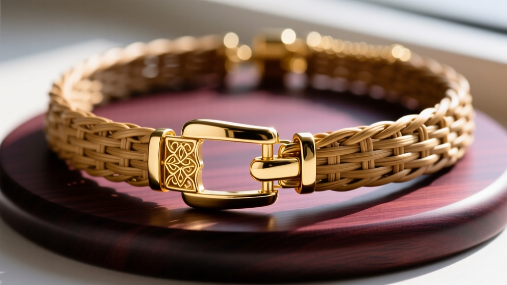 Macro shot of a 14k gold Nantucket basket necklace clasp and hinge against a dark rosewood base and finely woven cane material.