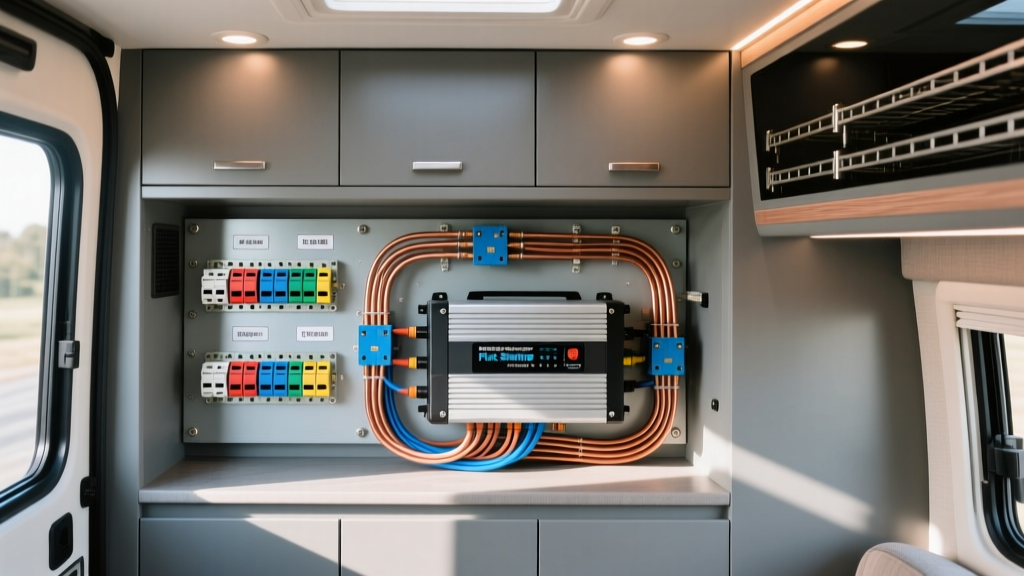 Overhead view of a budget 12-volt DC power distribution panel wired to a pure sine wave inverter inside a motorhome storage bay