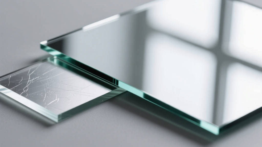 Macro shot of a 3mm silvered glass mirror edge next to a 4mm acrylic mirror, highlighting the distinct reflective backing layers.