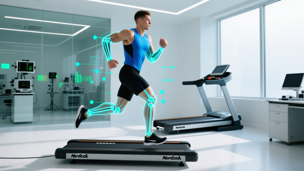 Runner undergoing 3D motion capture gait analysis at a professional sports lab, with a compact NordicTrack treadmill visible in the background