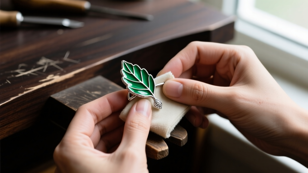 Close-up of hands polishing a sterling silver green leaf ear cuff with a microfiber cloth on a dark wooden workbench.