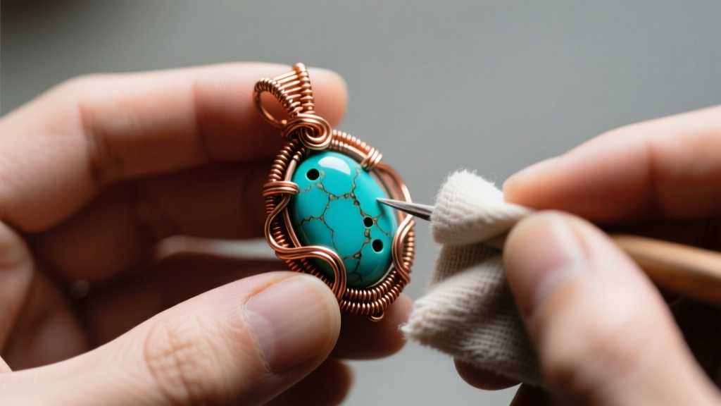 Close-up of a jeweler using a soft microfiber cloth to gently polish a porous turquoise bead set in a copper wire wrap pendant